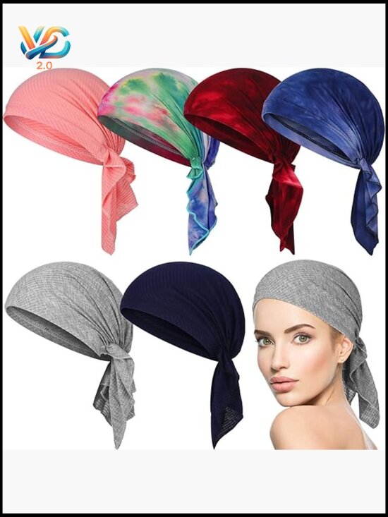 6 Pre-Tied Head Scarves for Women, Chemo Turban Beanie Cancer Headwrap, Easy main image 5